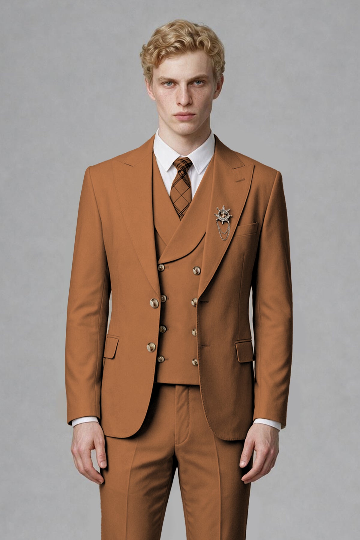 Savile Men's Burnt Orange Three-Piece Wedding Suit with Double-Breasted Waistcoat - Burnt Orange