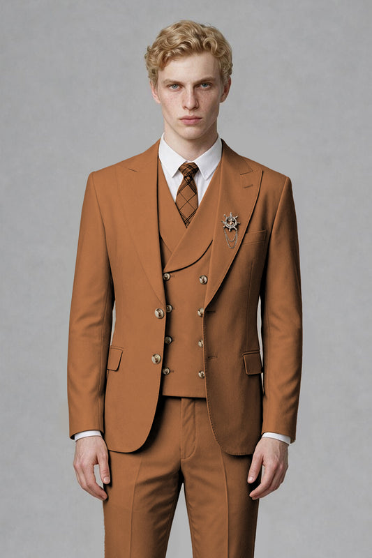Savile Men's Burnt Orange Three-Piece Wedding Suit with Double-Breasted Waistcoat - Burnt Orange