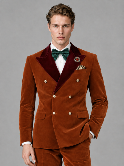 Savile Men's Burnt Orange Velvet Double-Breasted 2-Piece Tuxedo Suit with Burgundy Peak Lapel - Burnt_Orange