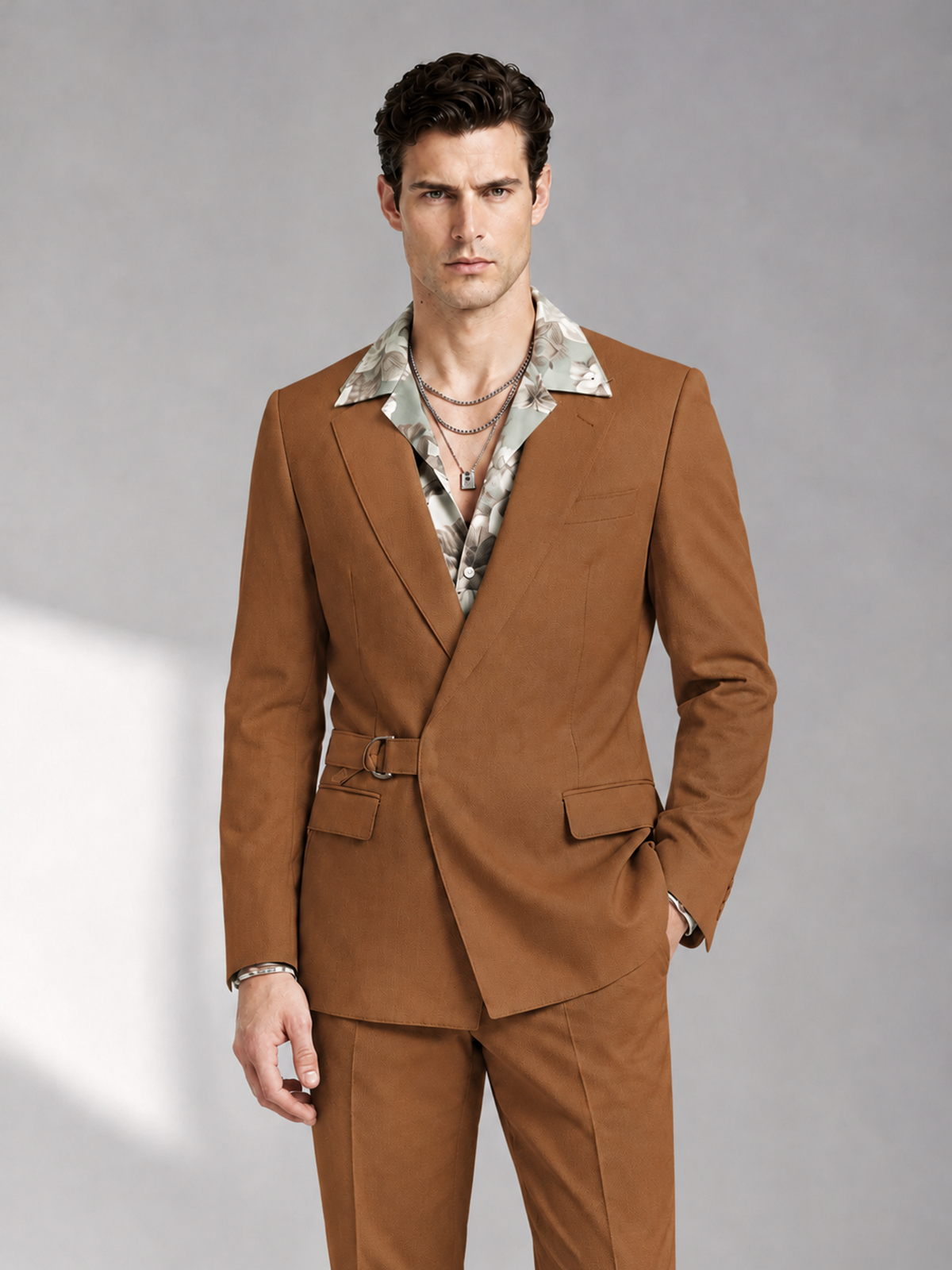 Savile Men's Burnt Orange Belted Wrap 2-Piece Suit – Peak Lapel Blazer & Tailored Trousers - SUC060 - Burnt Orange - Burnt Orange_1