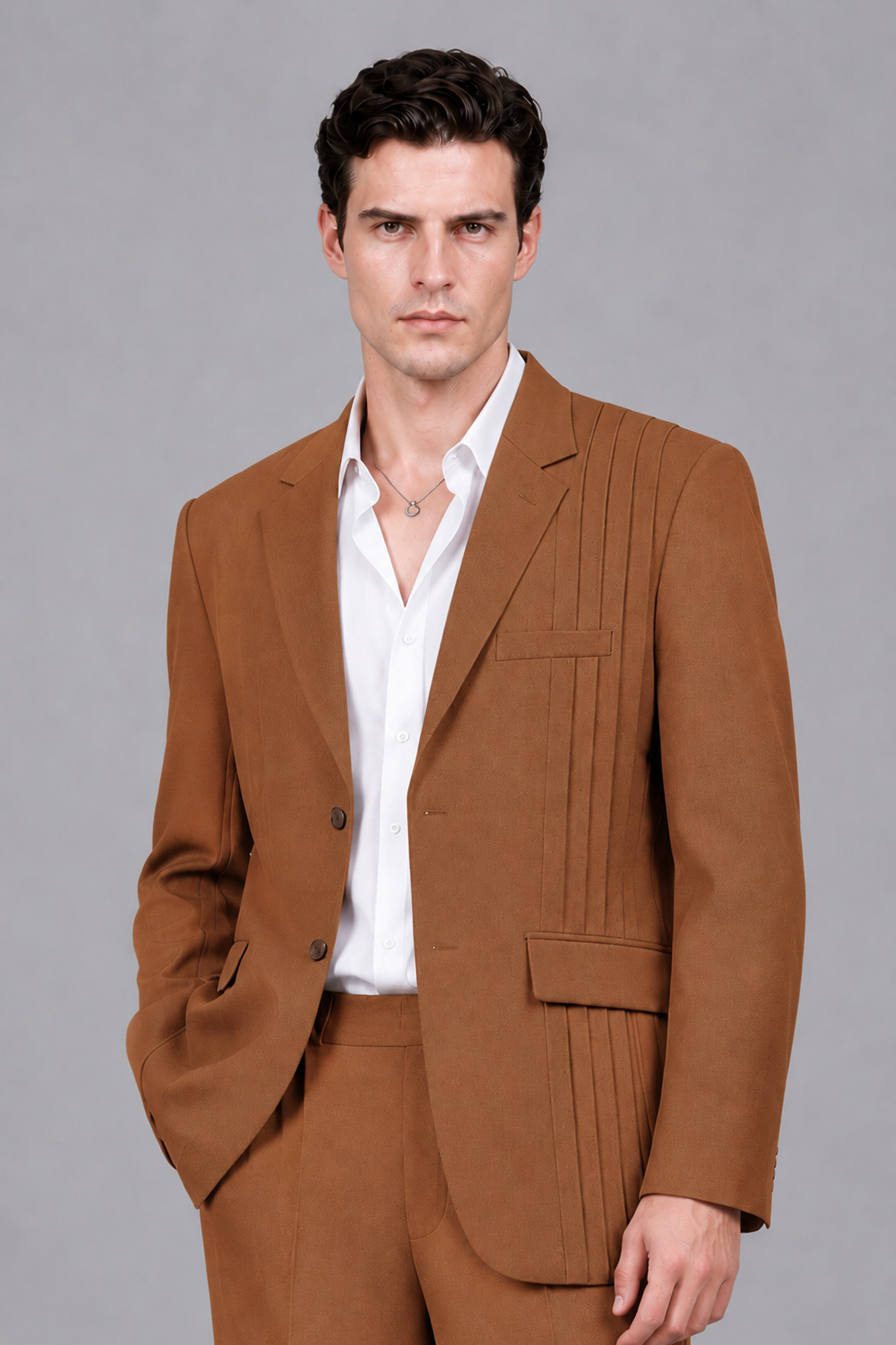 Savile Men's Burnt Orange Pleated 2-Piece Suit Set | Notch Lapel Blazer & Tailored Trousers - Burnt Orange - Burnt Orange_1