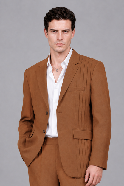 Savile Men's Burnt Orange Pleated 2-Piece Suit Set | Notch Lapel Blazer & Tailored Trousers - Burnt Orange - Burnt Orange_1