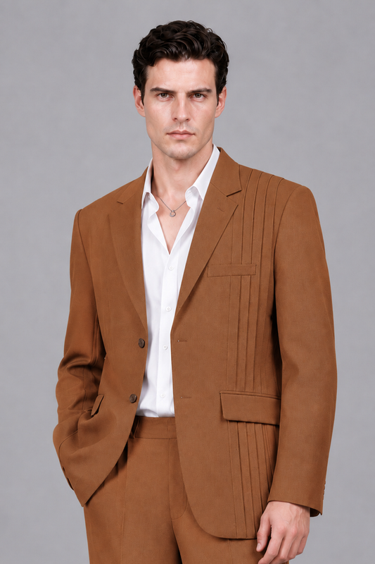 Savile Men's Burnt Orange Pleated 2-Piece Suit Set | Notch Lapel Blazer & Tailored Trousers - Burnt Orange - Burnt Orange_1