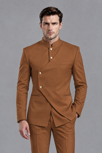 Savile Men's Burnt Orange Asymmetrical Mandarin Collar Tuxedo Suit – Modern 2-Piece Gold Button Wedding, Prom & Gala Set - Burnt Orange - Burnt Orange_1
