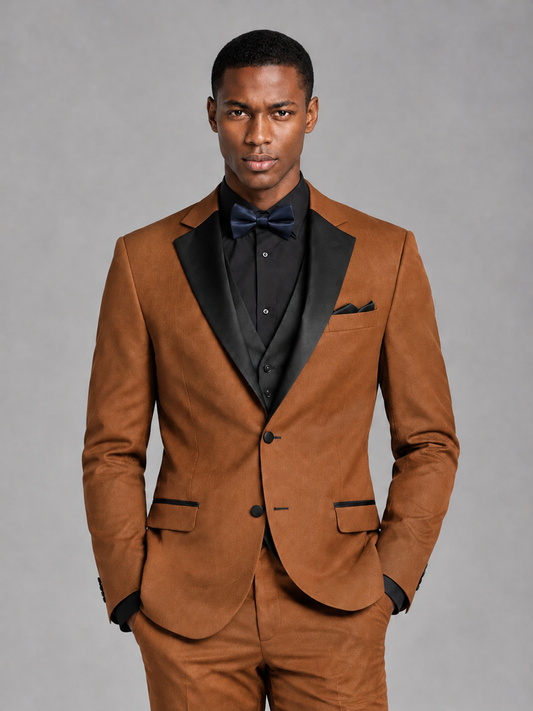 Savile Men's Burnt Orange Contrast Shawl Lapel Tuxedo Suit – 3-Piece Wedding, Prom & Black-Tie Formal Set - Burnt Orange - Burnt Orange_1