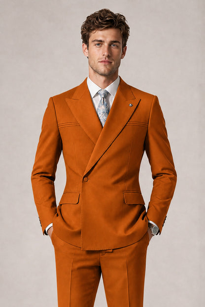 Savile Men's Burnt Orange Double-Breasted Slim Fit 2-Piece Suit Set – Peak Lapel Blazer & Cuffed Trousers | Wedding Prom Formal - Burnt Orange