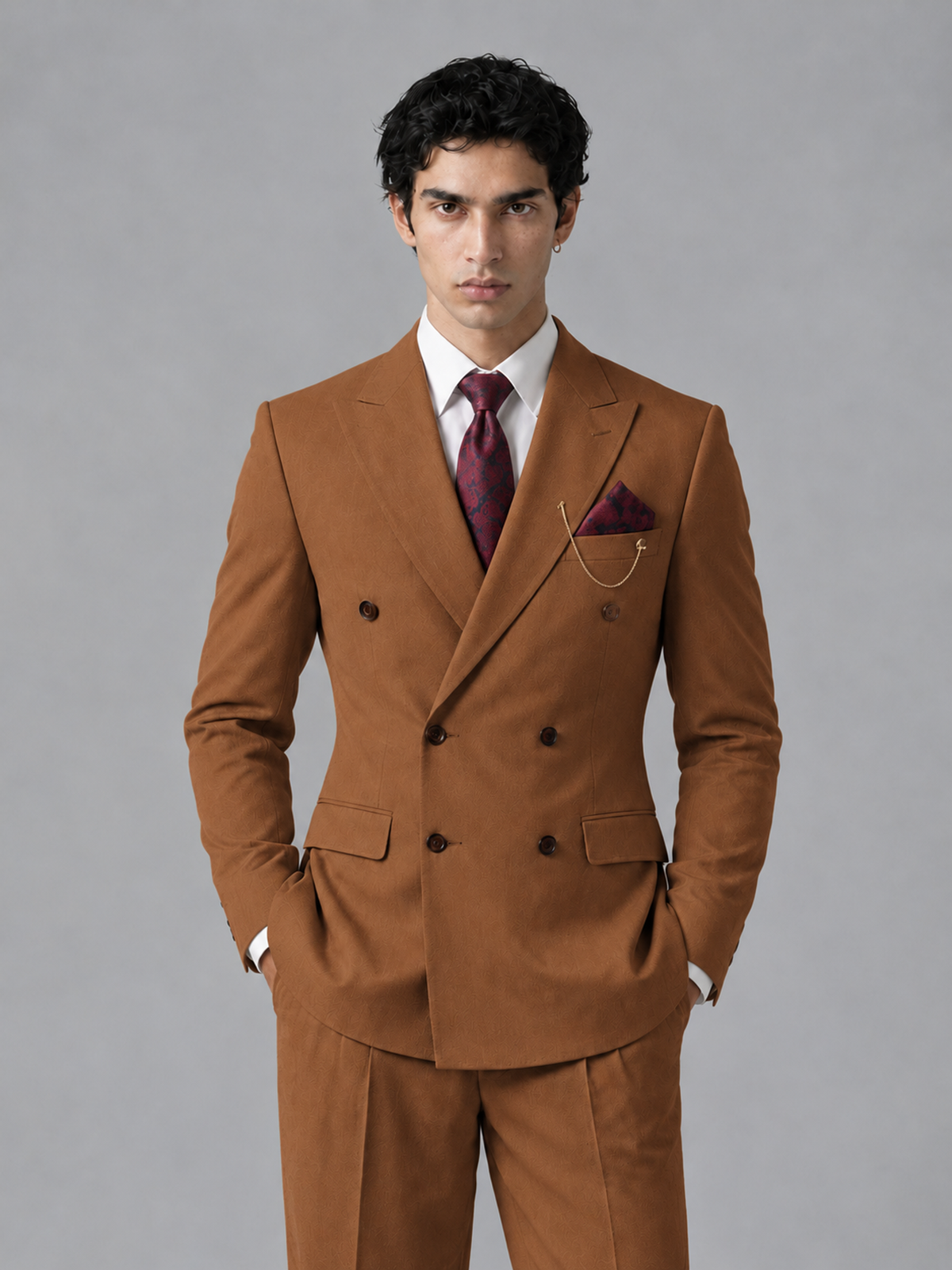 Savile Men's Burnt Orange Double-Breasted 2-Piece Suit Set – Peak Lapel Blazer & Pleated Wide-Leg Trousers - Burnt Orange - Burnt Orange_1