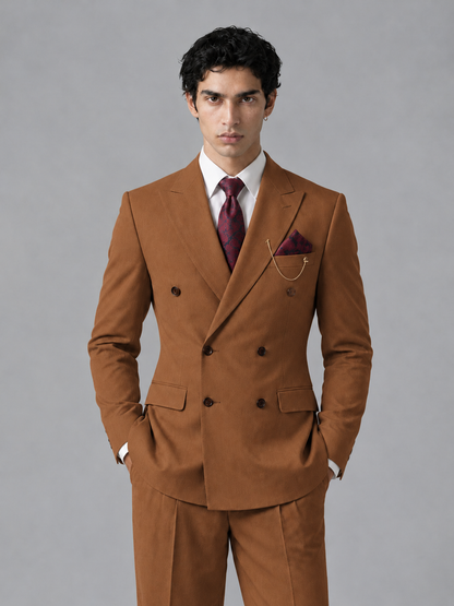 Savile Men's Burnt Orange Double-Breasted 2-Piece Suit Set – Peak Lapel Blazer & Pleated Wide-Leg Trousers - Burnt Orange - Burnt Orange_1