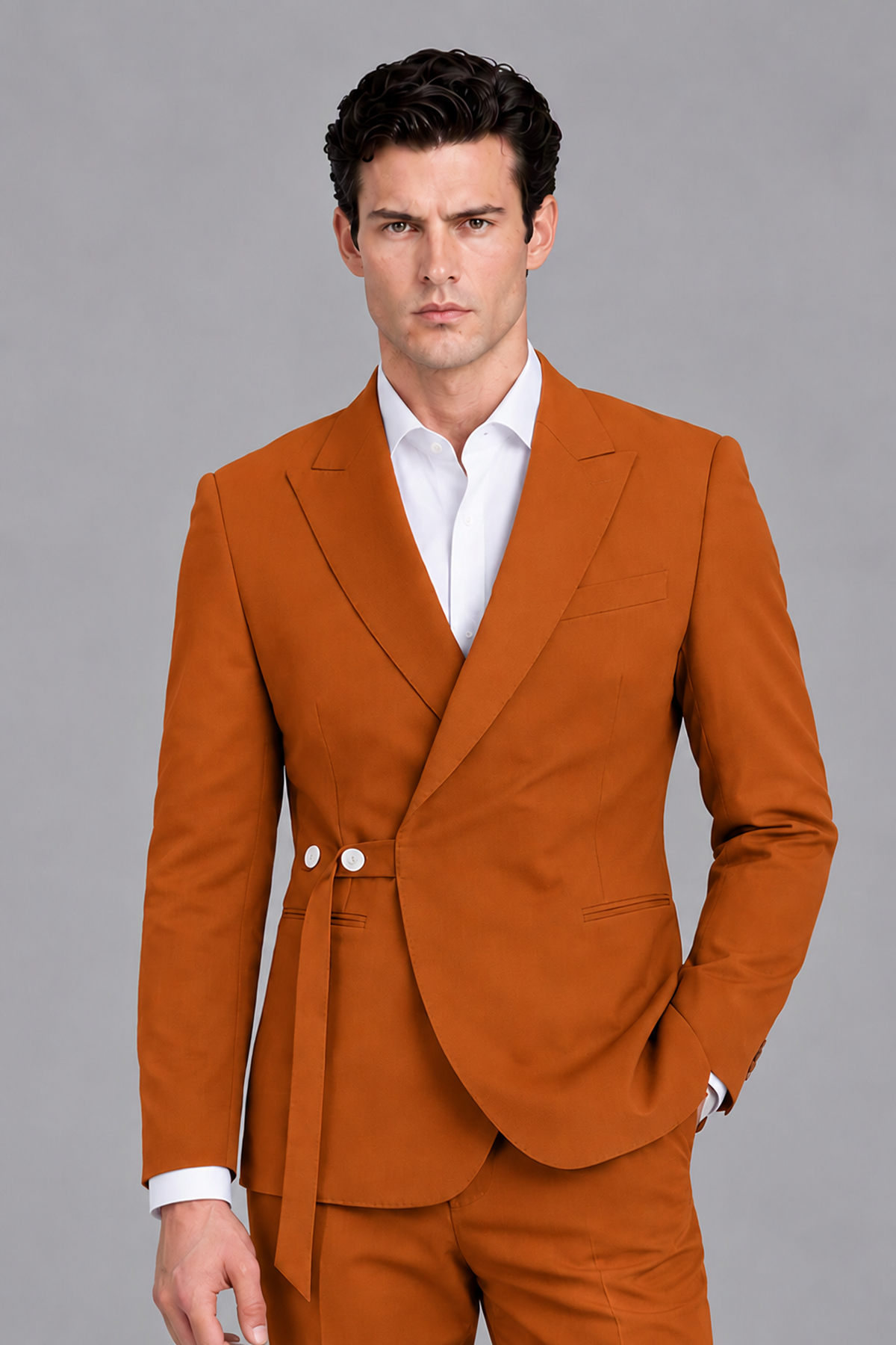 Savile Men's Modern Burnt Orange 2-Piece Wrap Suit Set – Peak Lapel Side-Button Blazer & Tailored Trousers - Burnt Orange - Burnt_Orange_1