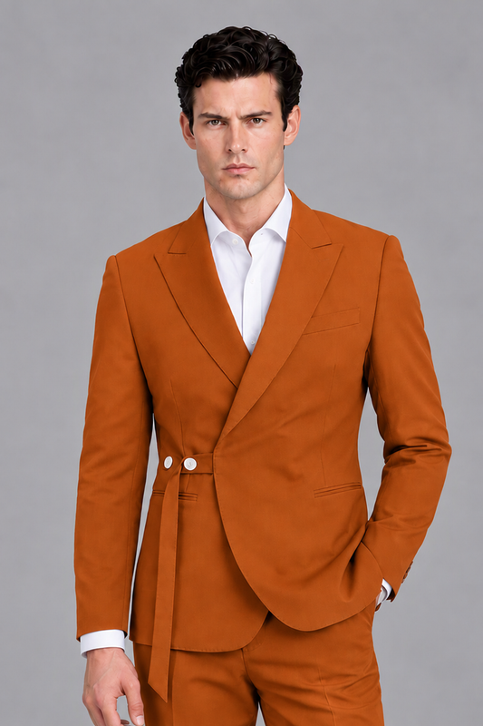 Savile Men's Modern Burnt Orange 2-Piece Wrap Suit Set – Peak Lapel Side-Button Blazer & Tailored Trousers - Burnt Orange - Burnt_Orange_1