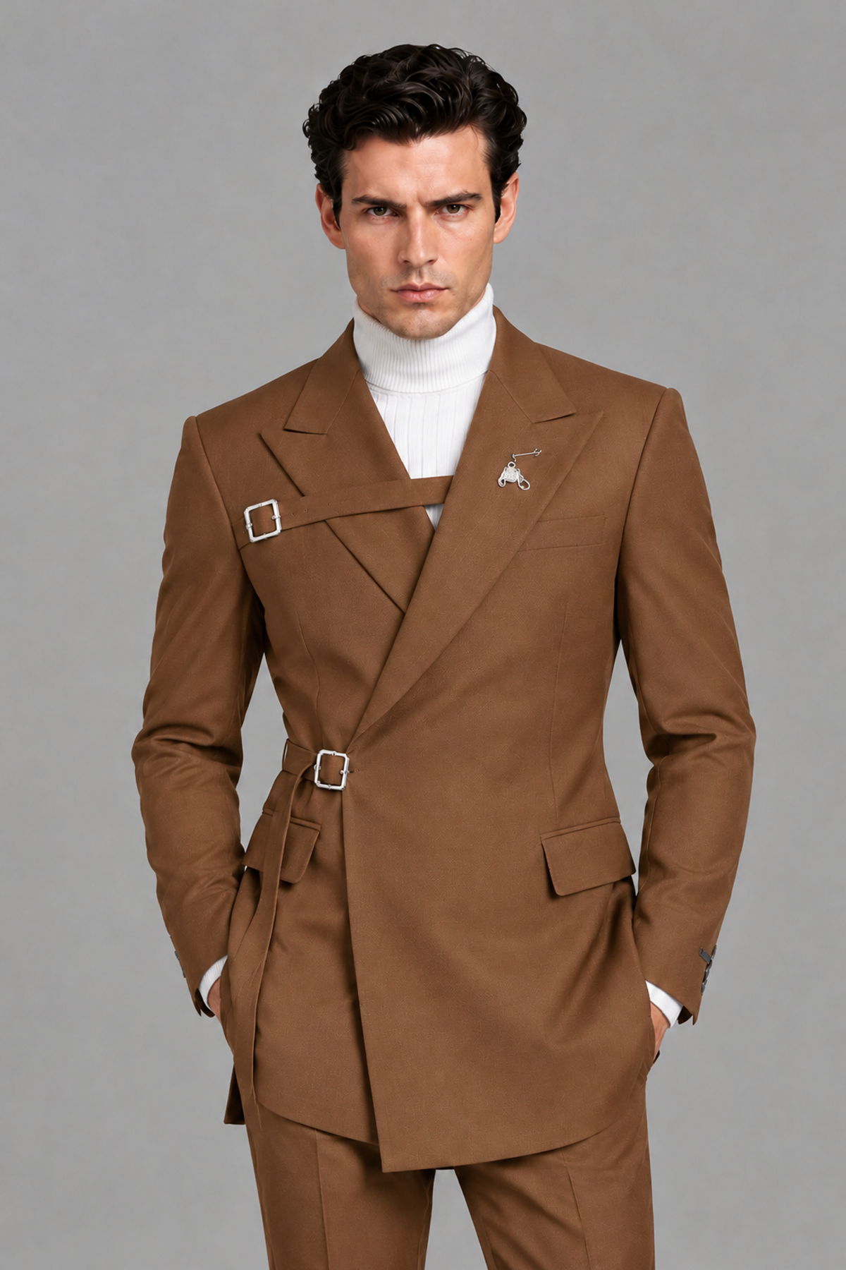 Savile Men's Burnt Orange Double Buckle Wrap Belted 2-Piece Suit Set – Peak Lapel Slim-Fit Jacket & Trousers - Burnt Orange - Burnt Orange_1
