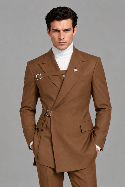 Savile Men's Burnt Orange Double Buckle Wrap Belted 2-Piece Suit Set – Peak Lapel Slim-Fit Jacket & Trousers - Burnt Orange - Burnt Orange_1