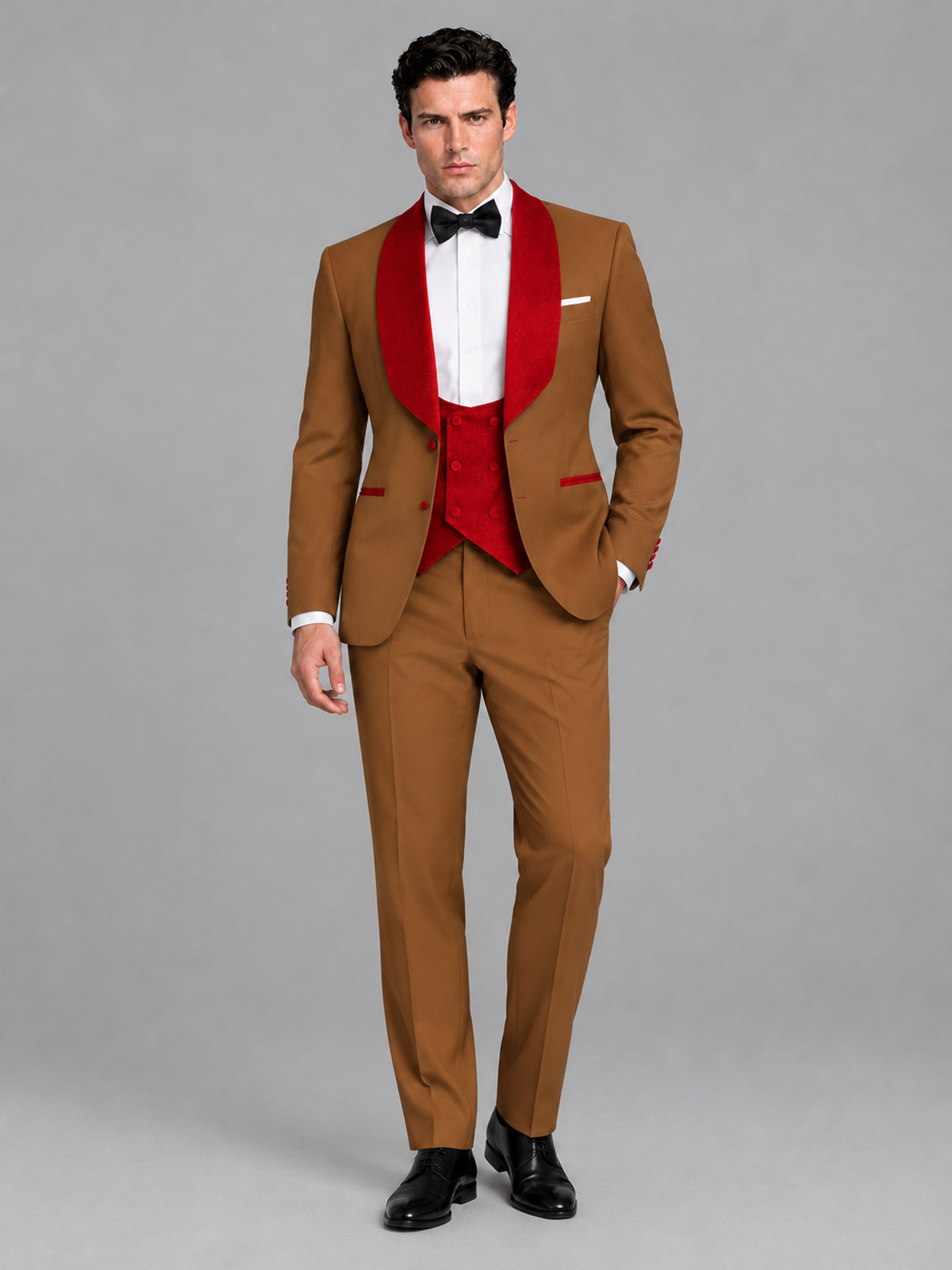 Savile Men's Burnt Orange 3-Piece Tuxedo Suit Set – Contrast Red Shawl Lapel Blazer, Red Waistcoat & Trousers - SUC020 - Burnt_Orange