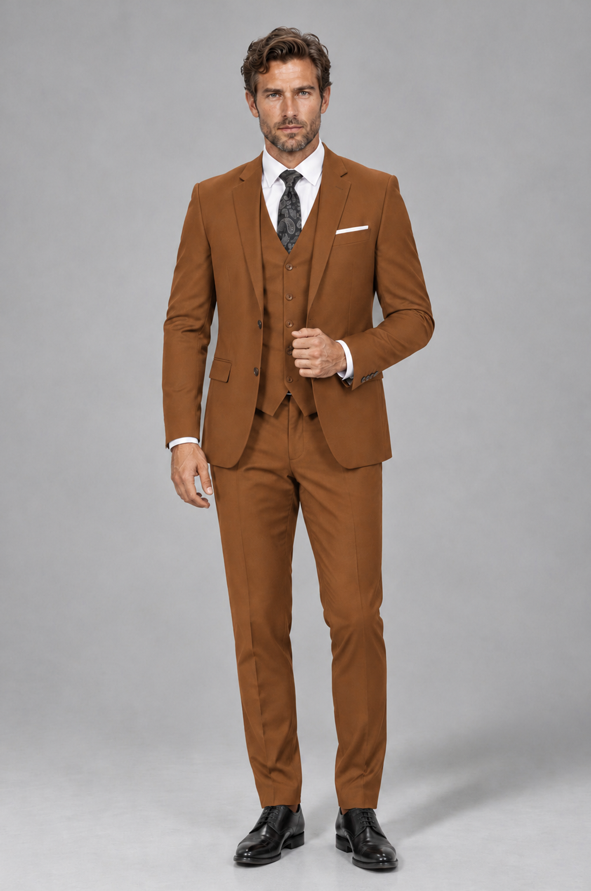 Savile Men's Burnt Orange 3-Piece Suit Set – Notch Lapel Blazer, Vest & Trousers - Burnt Orange - Burnt_Orange_2