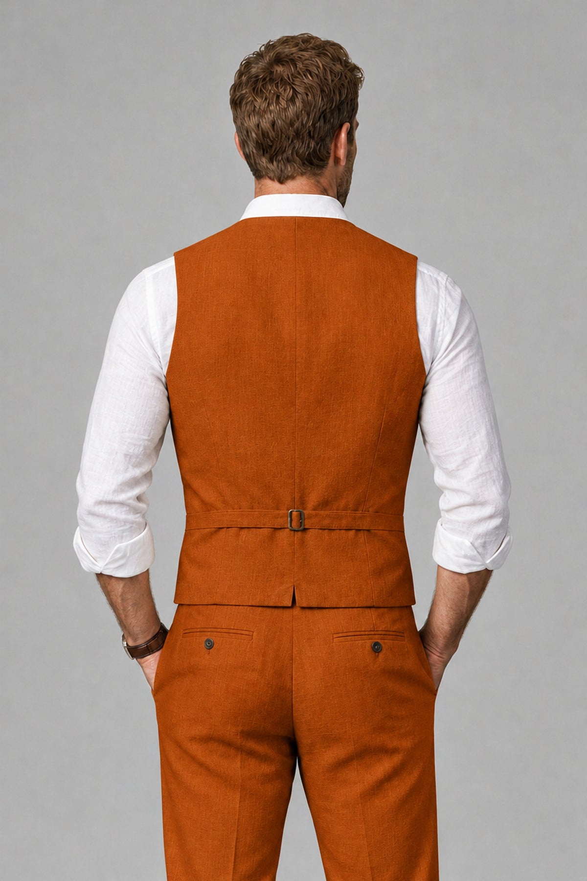 Men's Burnt Orange Linen Blend Single-Breasted V-Neck Suit Vest | Savile QX0101 - Burnt Orange