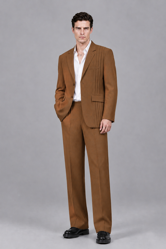 Savile Men's Burnt Orange Pleated 2-Piece Suit Set | Notch Lapel Blazer & Tailored Trousers - Burnt Orange - Burnt Orange_2