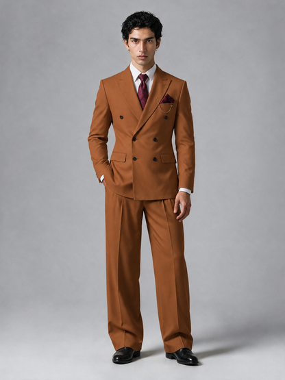 Savile Men's Burnt Orange Double-Breasted 2-Piece Suit Set – Peak Lapel Blazer & Pleated Wide-Leg Trousers - Burnt Orange - Burnt Orange_2