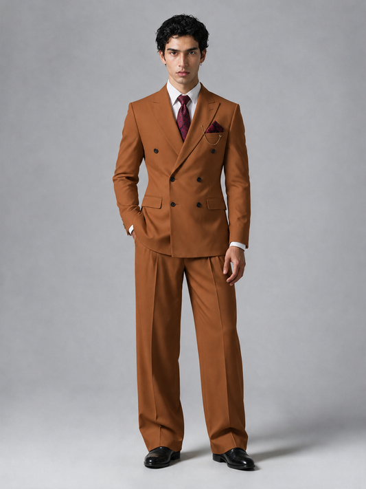 Savile Men's Burnt Orange Double-Breasted 2-Piece Suit Set – Peak Lapel Blazer & Pleated Wide-Leg Trousers - Burnt Orange - Burnt Orange_2