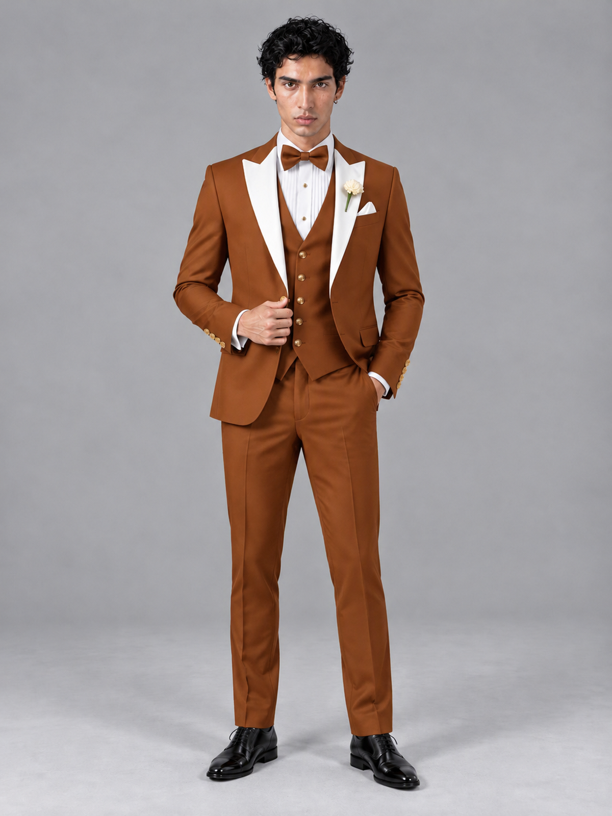 Savile Men's Burnt Orange Contrast White Peak Lapel 3-Piece Tuxedo Suit - Burnt_Orange