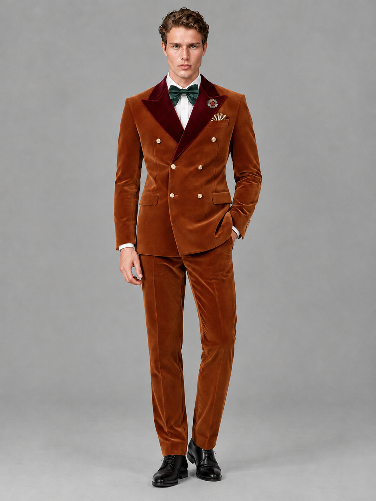 Savile Men's Burnt Orange Velvet Double-Breasted 2-Piece Tuxedo Suit with Burgundy Peak Lapel - Burnt_Orange