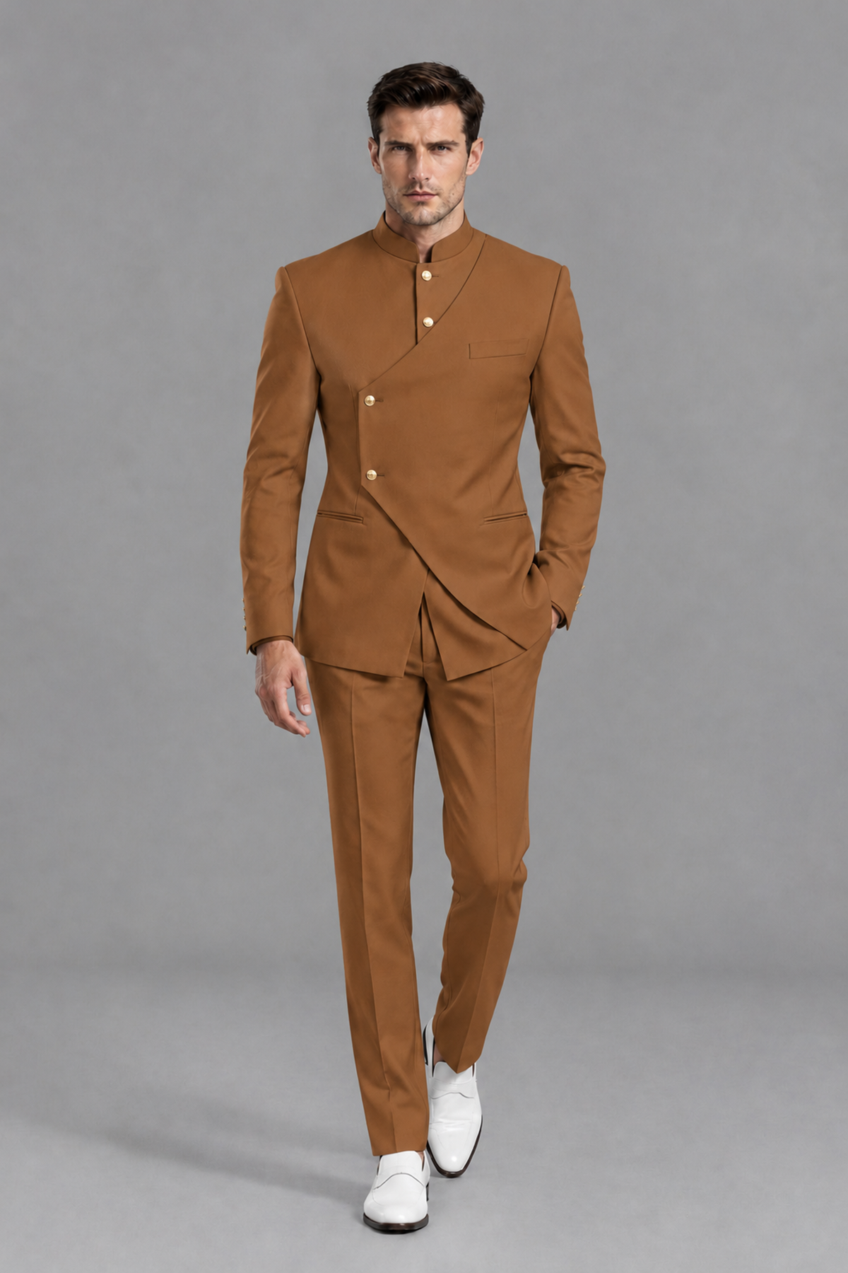 Savile Men's Burnt Orange Asymmetrical Mandarin Collar Tuxedo Suit – Modern 2-Piece Gold Button Wedding, Prom & Gala Set - Burnt Orange - Burnt Orange_2