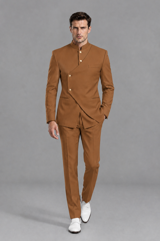 Savile Men's Burnt Orange Asymmetrical Mandarin Collar Tuxedo Suit – Modern 2-Piece Gold Button Wedding, Prom & Gala Set - Burnt Orange - Burnt Orange_2