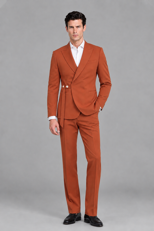 Savile Men's Modern Burnt Orange 2-Piece Wrap Suit Set – Peak Lapel Side-Button Blazer & Tailored Trousers - Burnt Orange - Burnt_Orange_2