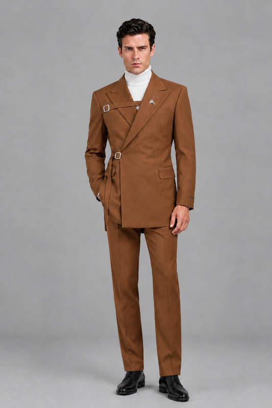 Savile Men's Burnt Orange Double Buckle Wrap Belted 2-Piece Suit Set – Peak Lapel Slim-Fit Jacket & Trousers - Burnt Orange - Burnt Orange_2