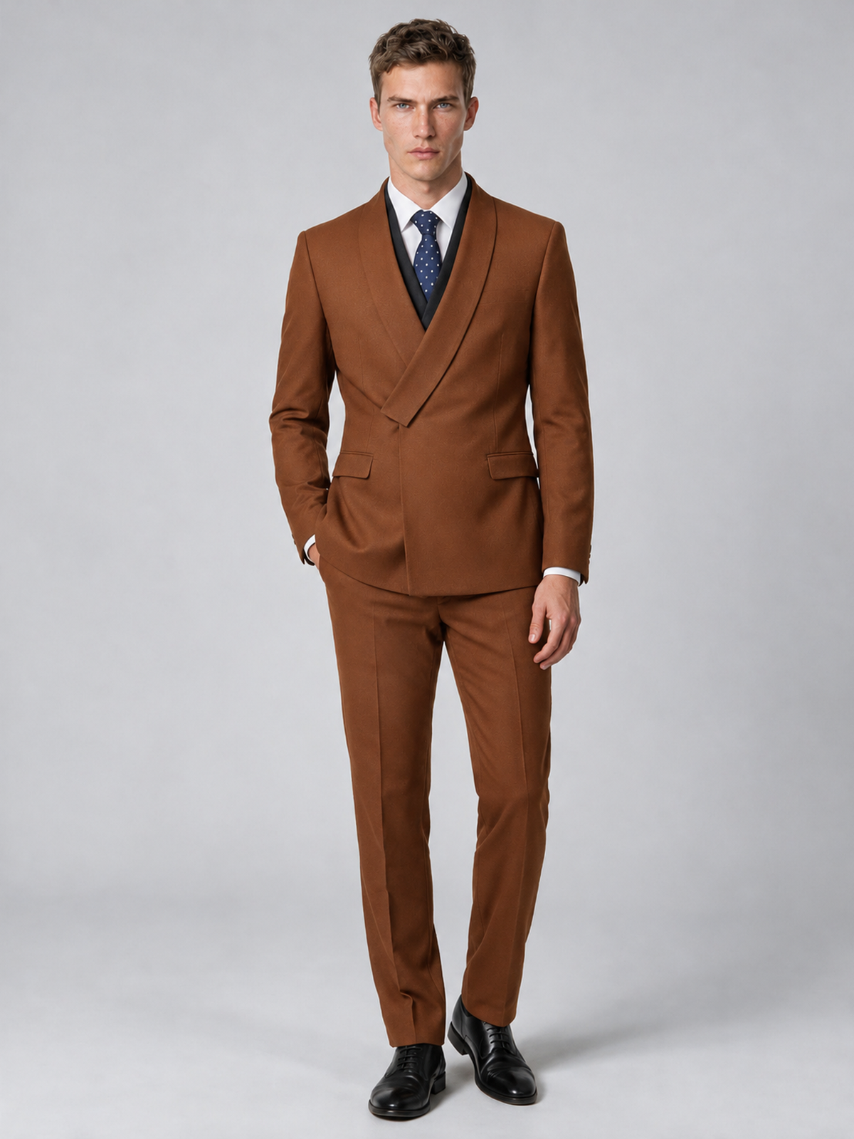 Savile Men's Burnt Orange Wrap Shawl Lapel 2-Piece Suit Set – Modern Jacket & Trousers - Burnt Orange - Burnt Orange_2