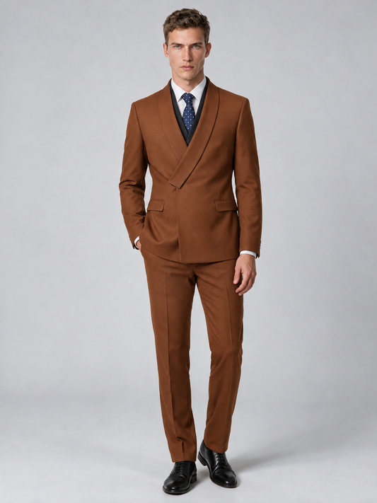 Savile Men's Burnt Orange Wrap Shawl Lapel 2-Piece Suit Set – Modern Jacket & Trousers - Burnt Orange - Burnt Orange_2