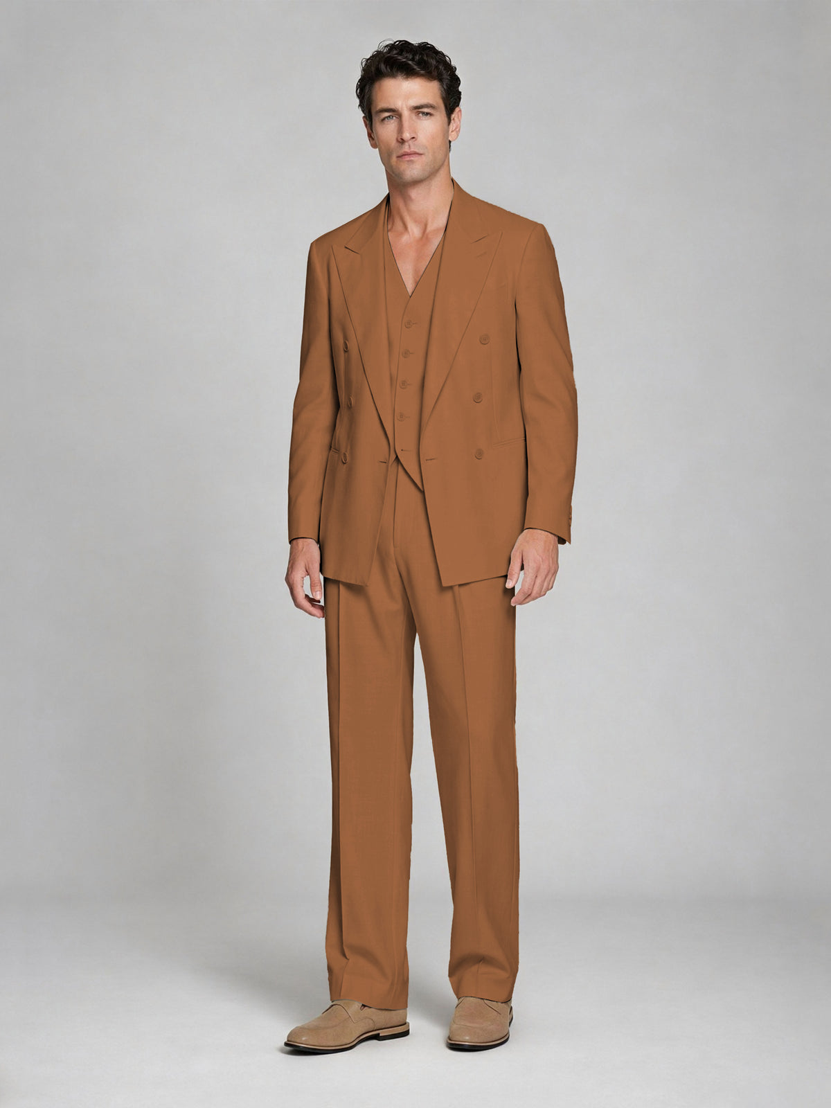 Men's Burnt Orange Double-Breasted 2-Piece Suit – Peak Lapel Wedding & Beach Formal Set with Vest - Burnt Orange