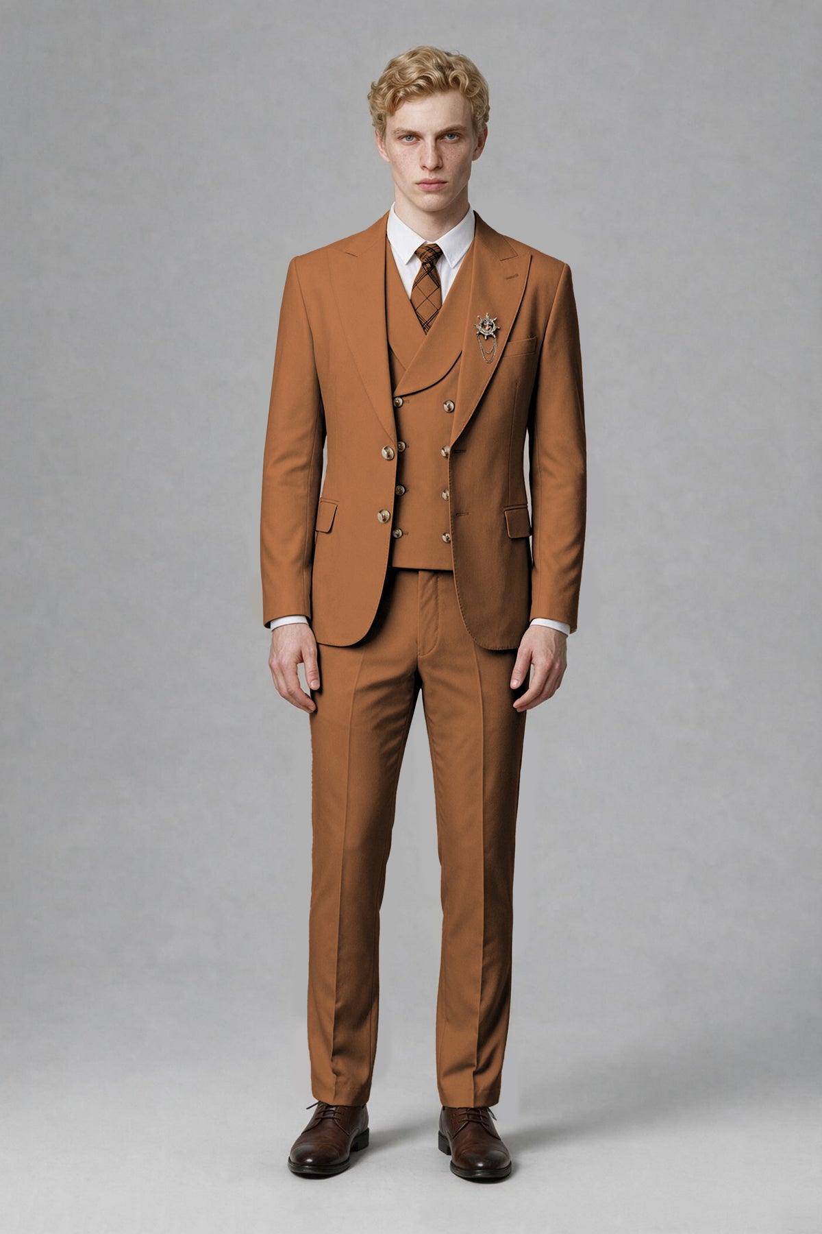 Savile Men's Burnt Orange Three-Piece Wedding Suit with Double-Breasted Waistcoat - Burnt Orange
