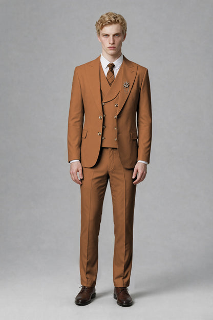 Savile Men's Burnt Orange Three-Piece Wedding Suit with Double-Breasted Waistcoat - Burnt Orange