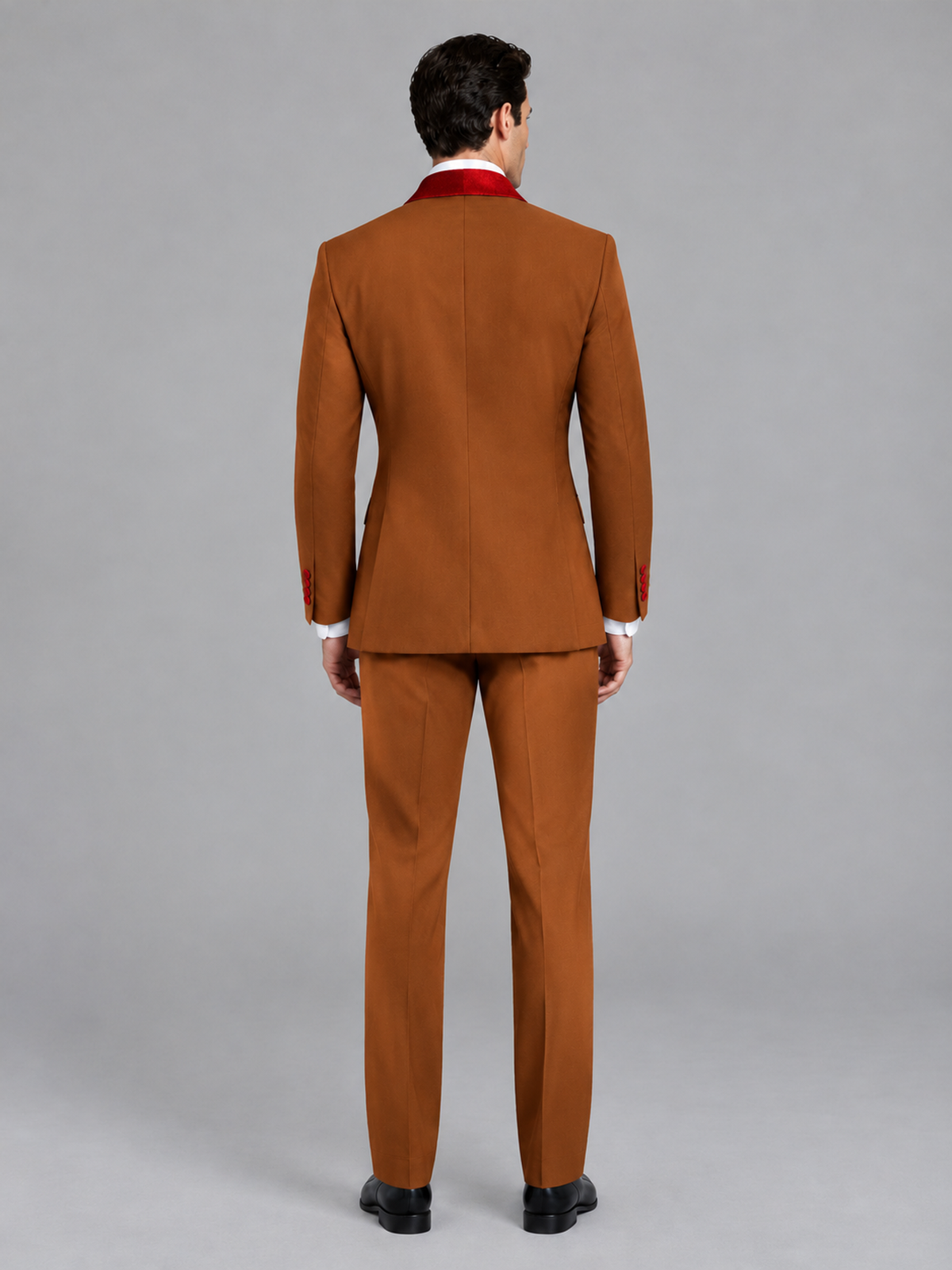 Savile Men's Burnt Orange 3-Piece Tuxedo Suit Set – Contrast Red Shawl Lapel Blazer, Red Waistcoat & Trousers - SUC020 - Burnt_Orange