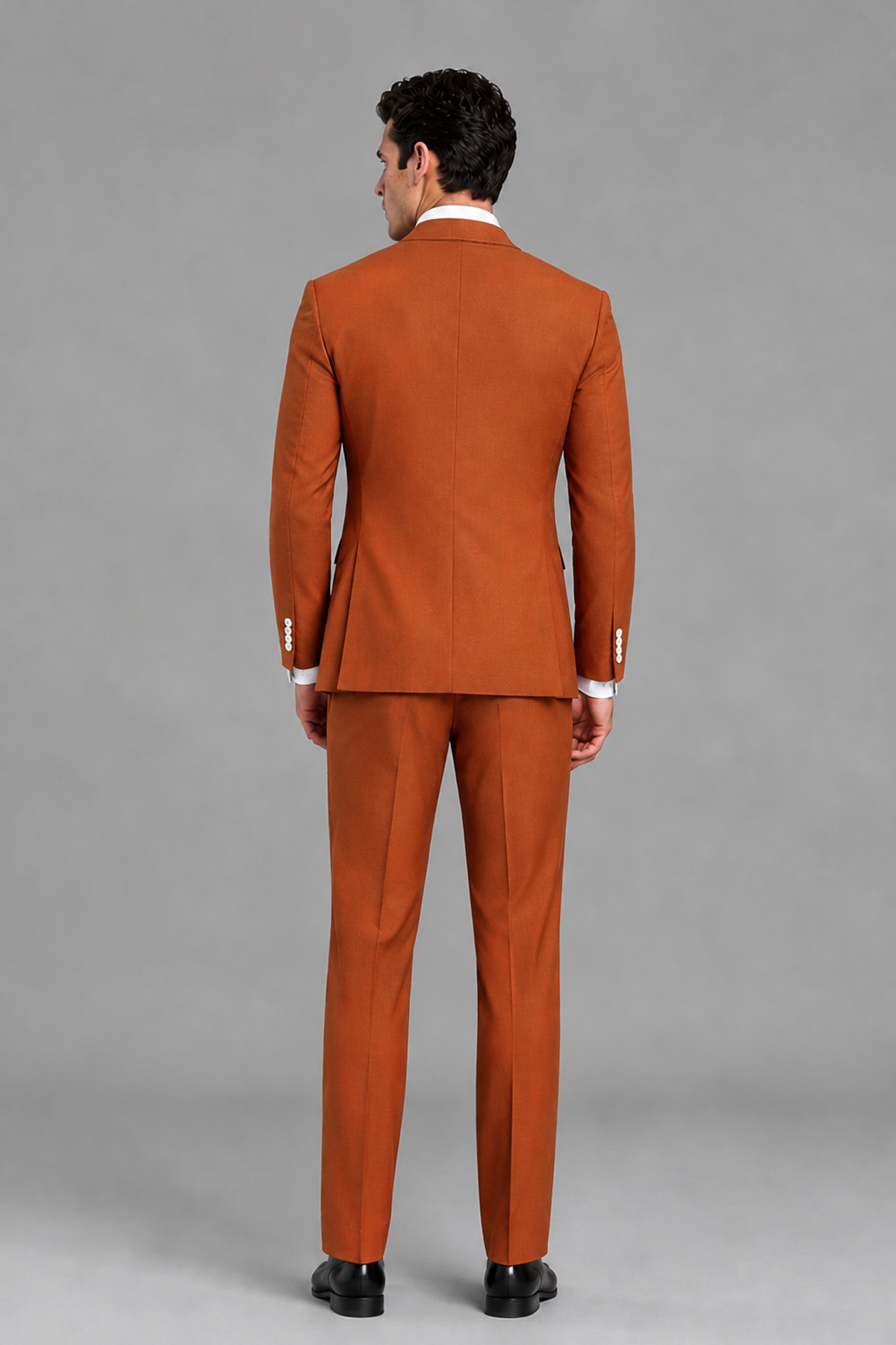 Savile Men's Modern Burnt Orange 2-Piece Wrap Suit Set – Peak Lapel Side-Button Blazer & Tailored Trousers - Burnt Orange - Burnt_Orange_3