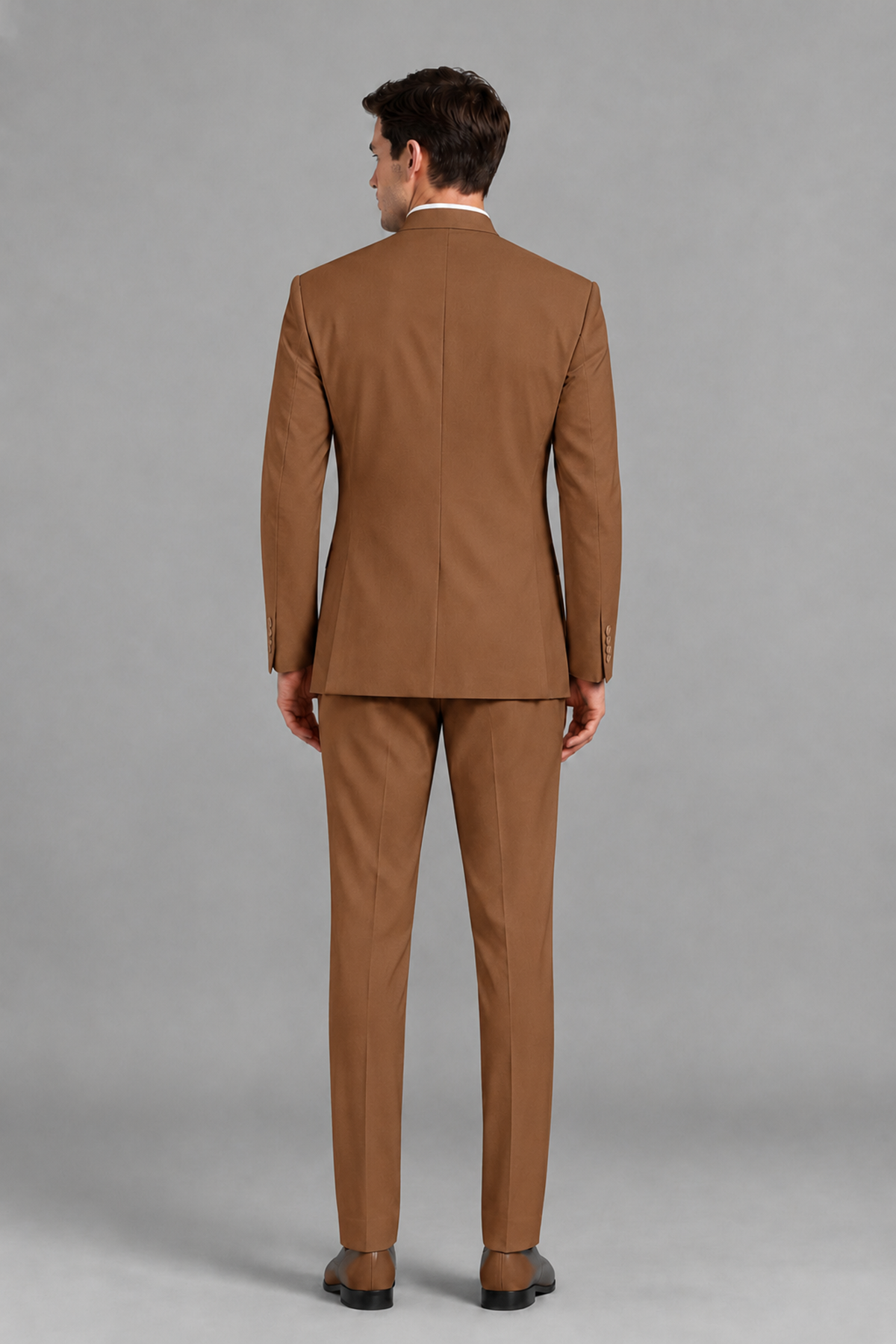 Savile Men's Burnt Orange Asymmetrical Mandarin Collar Tuxedo Suit – Modern 2-Piece Gold Button Wedding, Prom & Gala Set - Burnt Orange - Burnt Orange_3