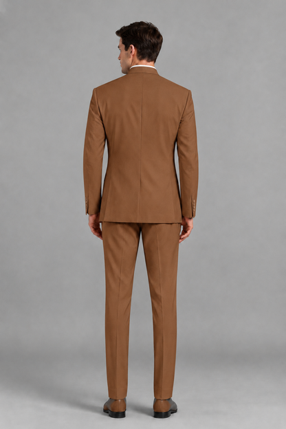Savile Men's Burnt Orange Asymmetrical Mandarin Collar Tuxedo Suit – Modern 2-Piece Gold Button Wedding, Prom & Gala Set - Burnt Orange - Burnt Orange_3