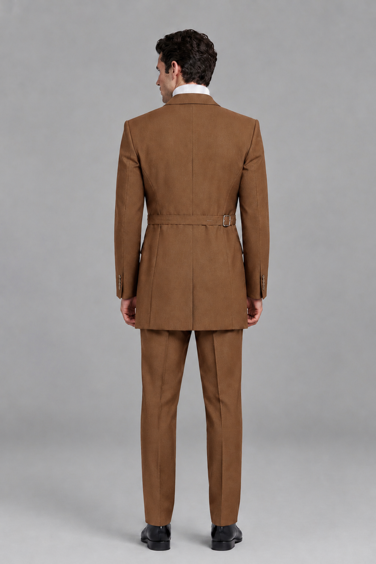Savile Men's Burnt Orange Double Buckle Wrap Belted 2-Piece Suit Set – Peak Lapel Slim-Fit Jacket & Trousers - Burnt Orange - Burnt Orange_3