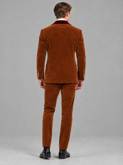 Savile Men's Burnt Orange Velvet Double-Breasted 2-Piece Tuxedo Suit with Burgundy Peak Lapel - Burnt_Orange