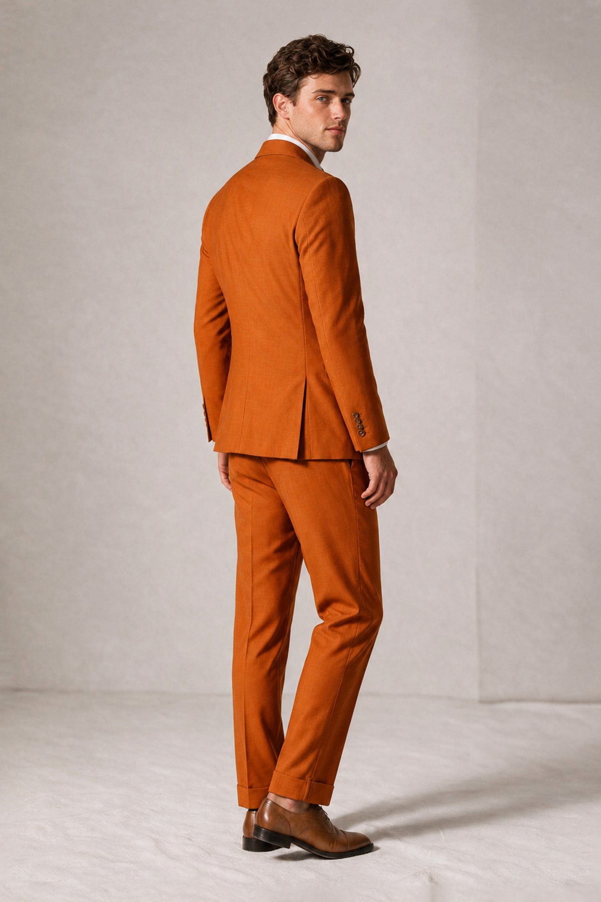 Savile Men's Burnt Orange Double-Breasted Slim Fit 2-Piece Suit Set – Peak Lapel Blazer & Cuffed Trousers | Wedding Prom Formal - Burnt Orange