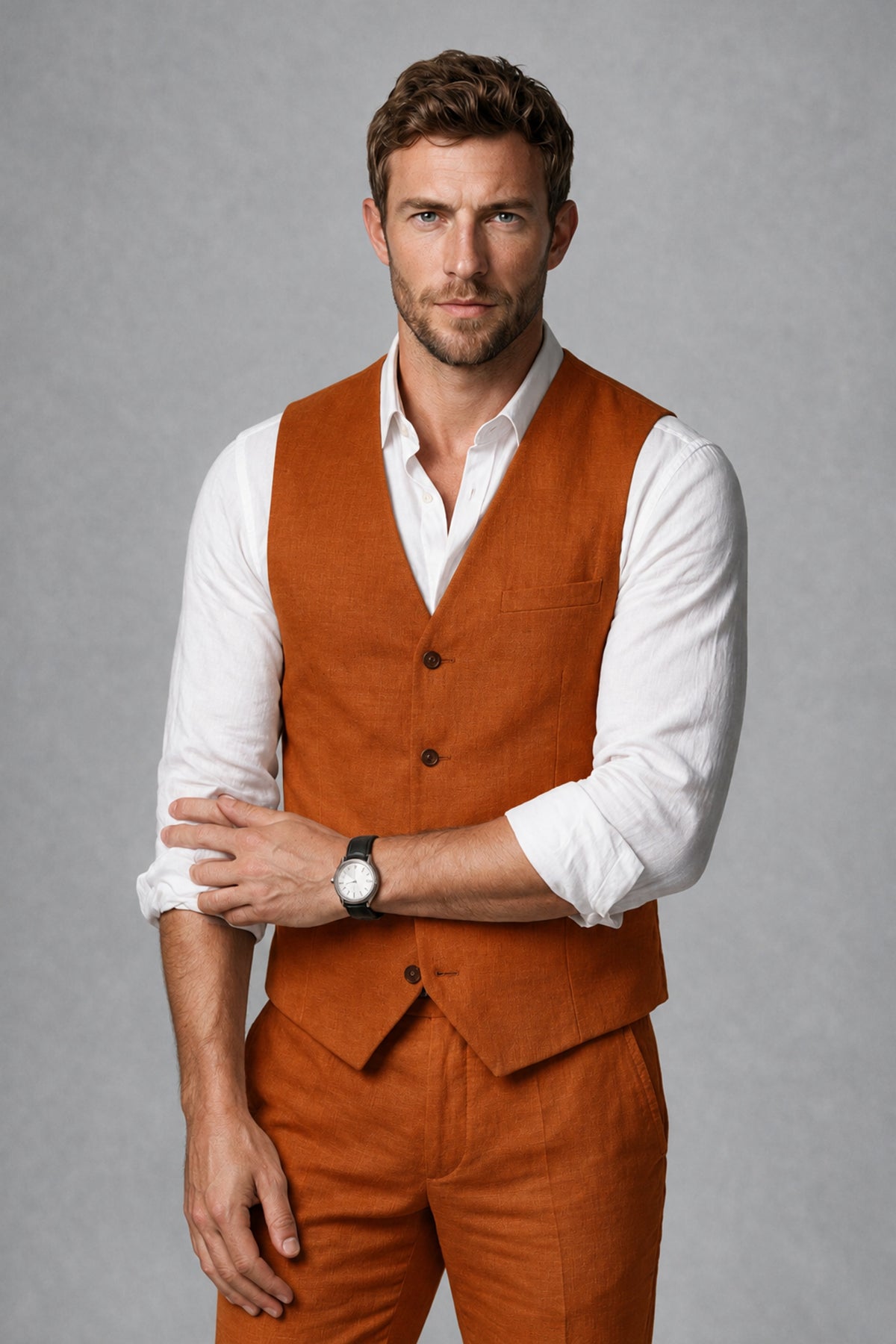 Men's Burnt Orange Linen Blend Single-Breasted V-Neck Suit Vest | Savile QX0101 - Burnt Orange