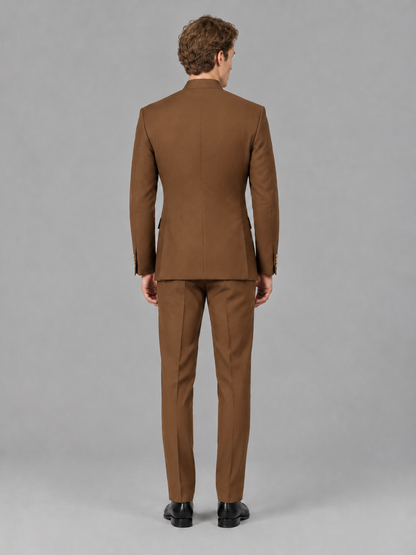 Savile Men's Burnt Orange Mandarin Collar Asymmetrical 2-Piece Suit Set – Modern Jacket & Trousers - Burnt Orange - Burnt Orange_3