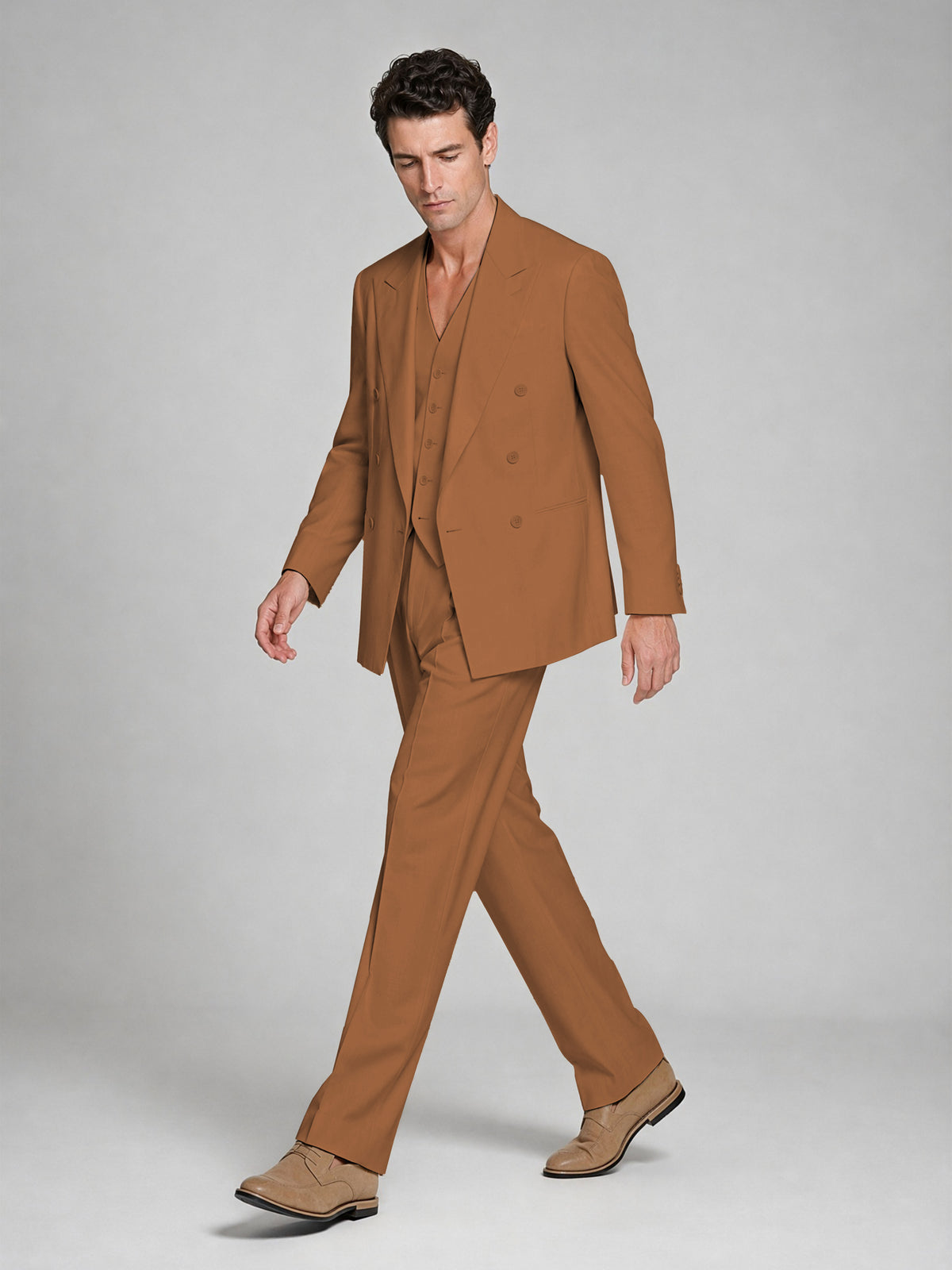Men's Burnt Orange Double-Breasted 2-Piece Suit – Peak Lapel Wedding & Beach Formal Set with Vest - Burnt Orange