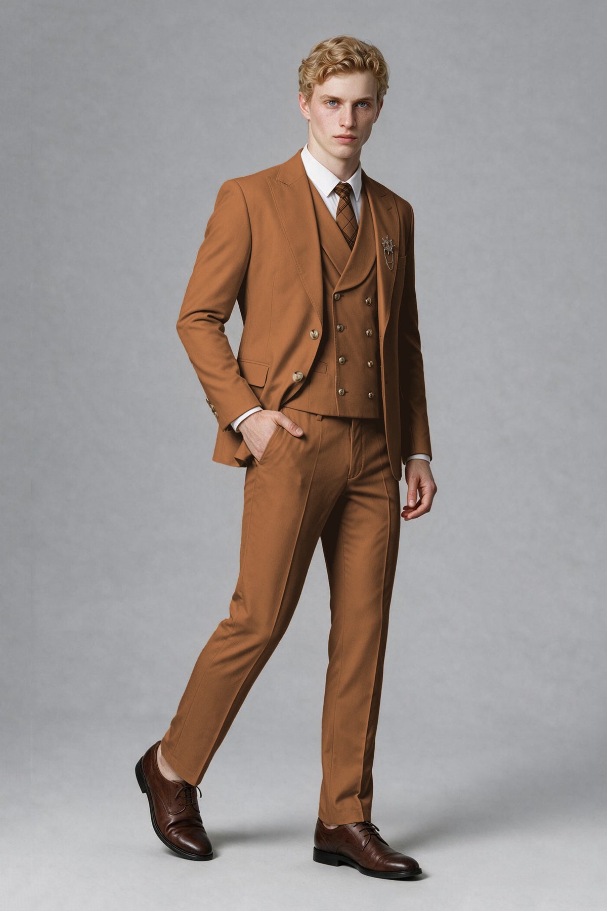 Savile Men's Burnt Orange Three-Piece Wedding Suit with Double-Breasted Waistcoat - Burnt Orange
