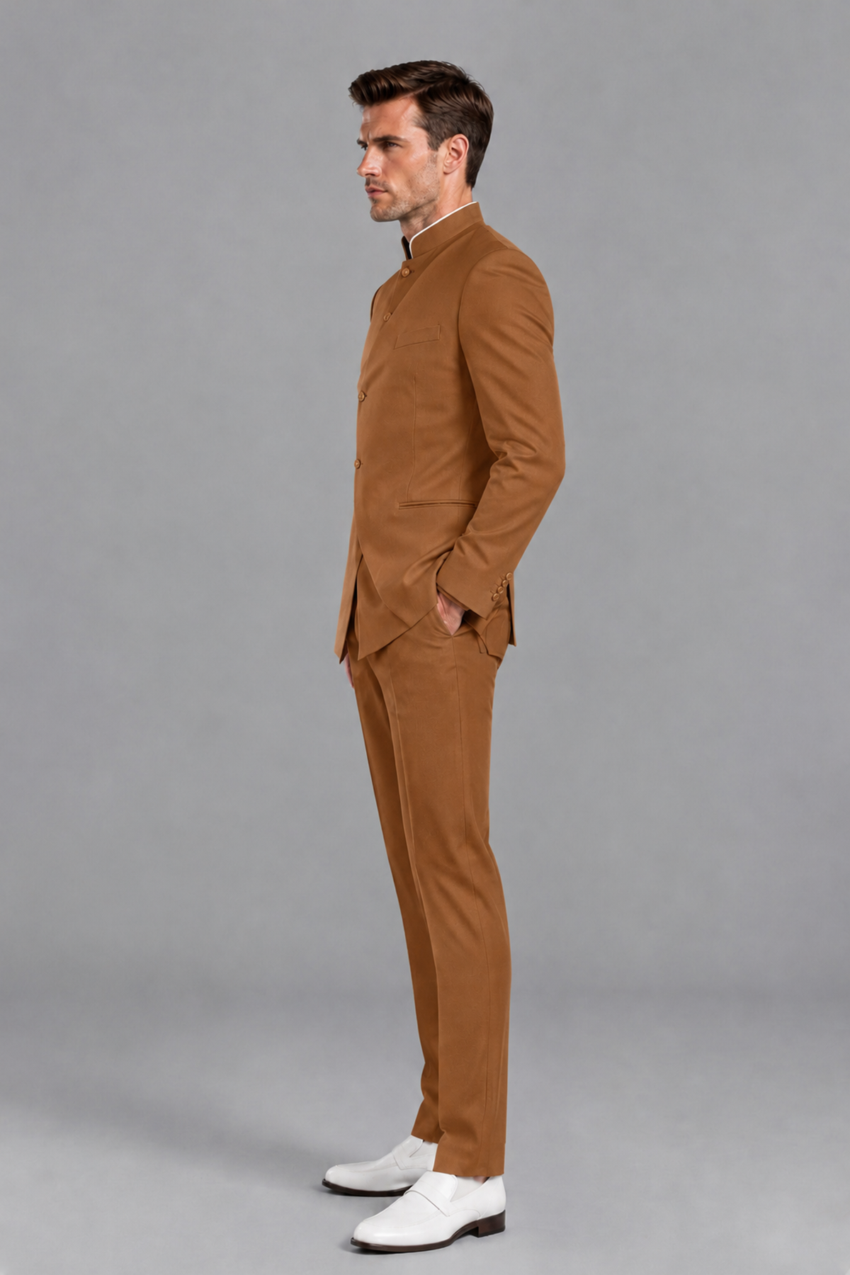 Savile Men's Burnt Orange Asymmetrical Mandarin Collar Tuxedo Suit – Modern 2-Piece Gold Button Wedding, Prom & Gala Set - Burnt Orange - Burnt Orange_4