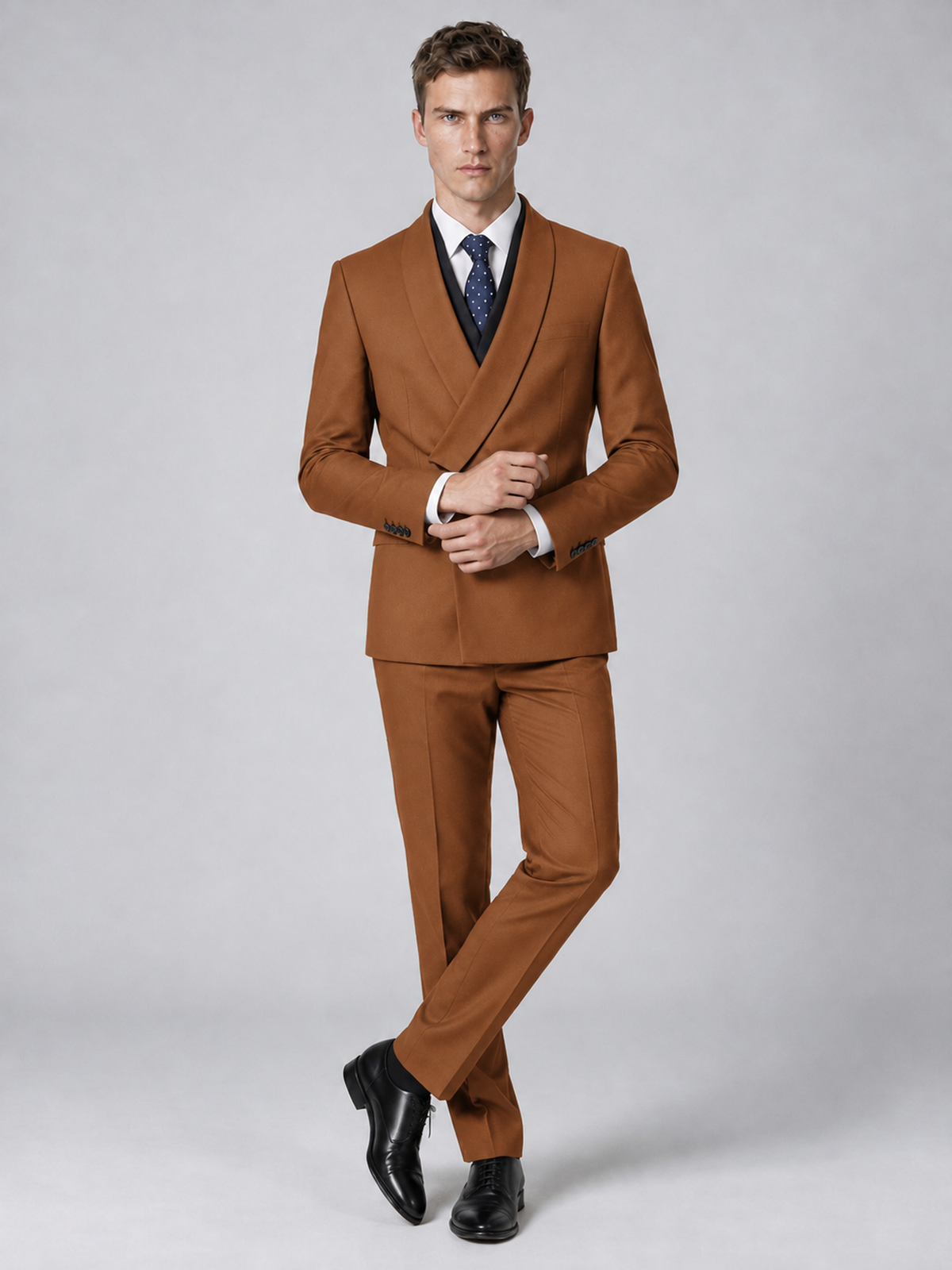 Savile Men's Burnt Orange Wrap Shawl Lapel 2-Piece Suit Set – Modern Jacket & Trousers - Burnt Orange - Burnt Orange_4