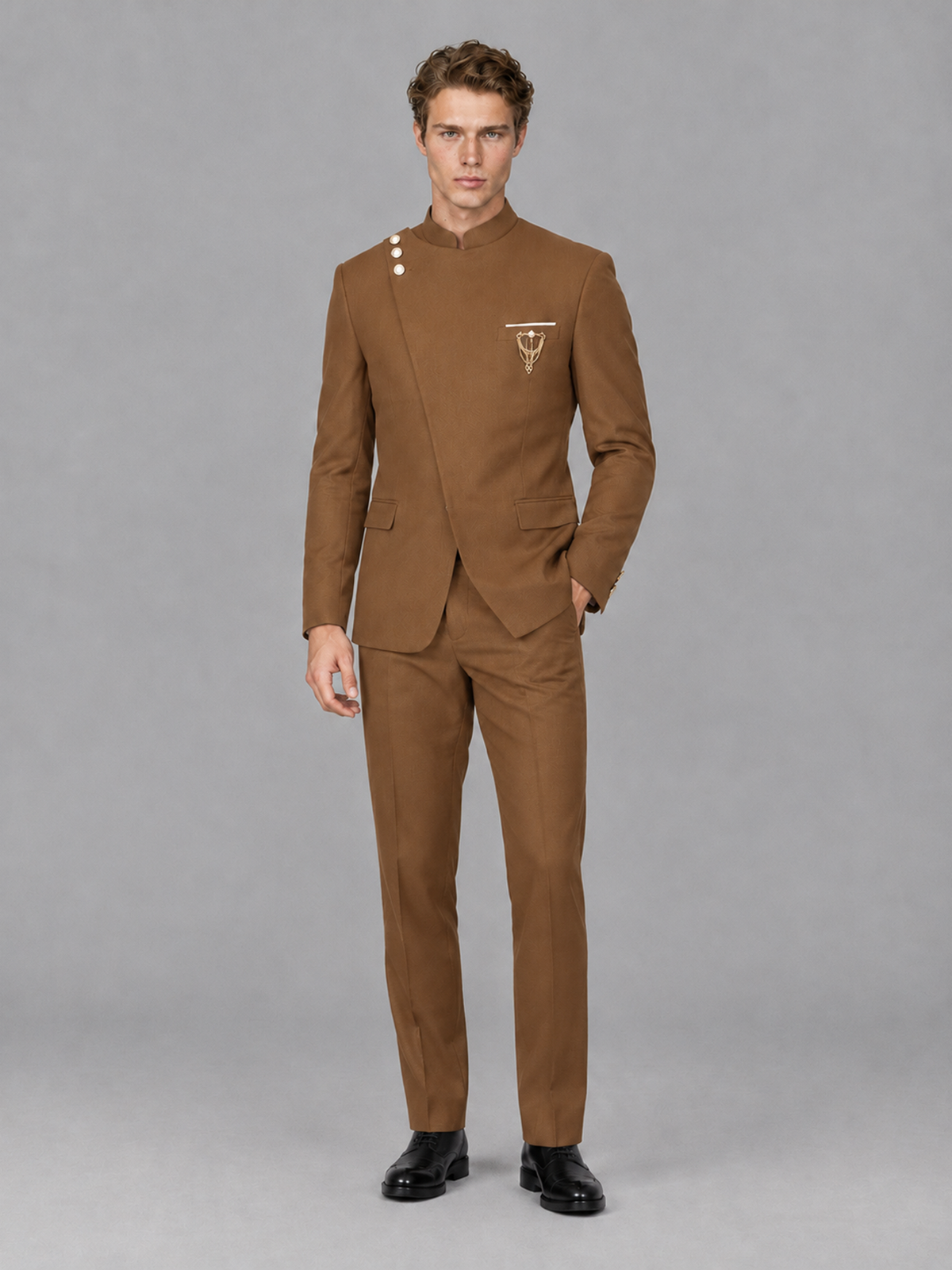 Savile Men's Burnt Orange Mandarin Collar Asymmetrical 2-Piece Suit Set – Modern Jacket & Trousers - Burnt Orange - Burnt Orange_4