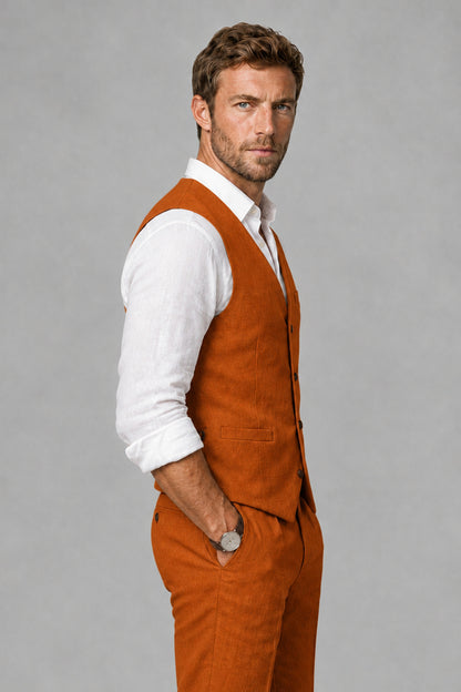 Men's Burnt Orange Linen Blend Single-Breasted V-Neck Suit Vest | Savile QX0101 - Burnt Orange