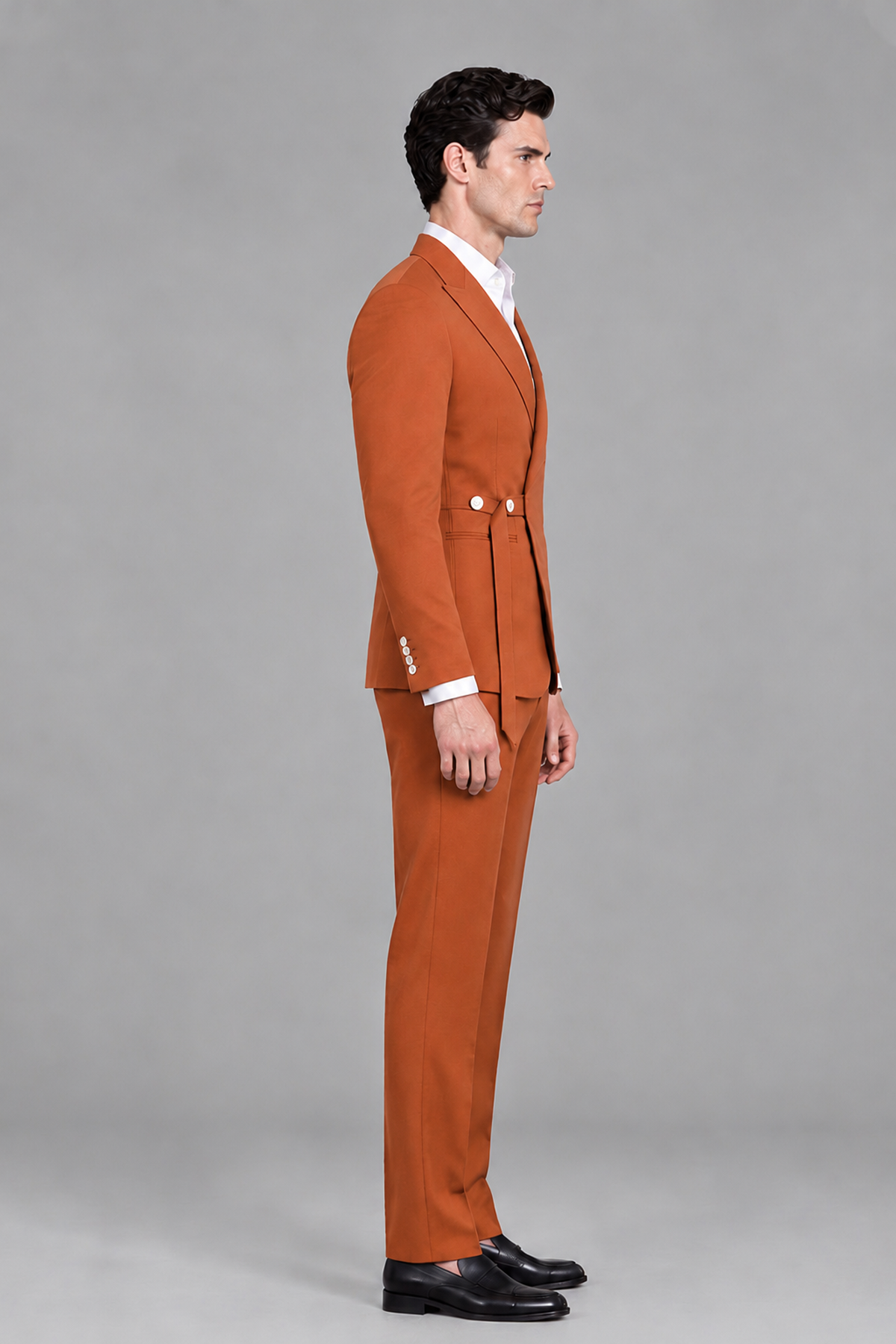 Savile Men's Modern Burnt Orange 2-Piece Wrap Suit Set – Peak Lapel Side-Button Blazer & Tailored Trousers - Burnt Orange - Burnt_Orange_4