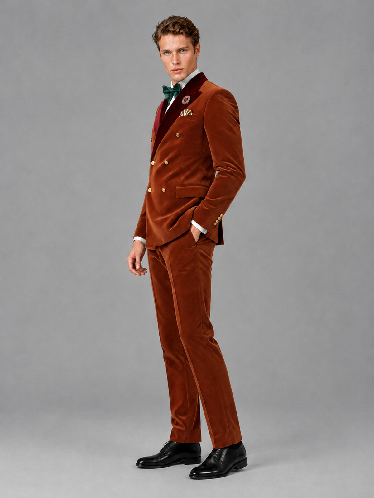 Savile Men's Burnt Orange Velvet Double-Breasted 2-Piece Tuxedo Suit with Burgundy Peak Lapel - Burnt_Orange